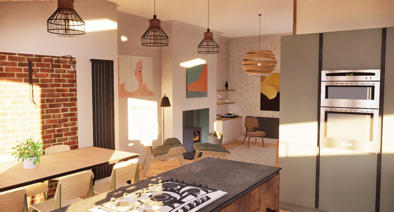 Visual of open plan kitchen, living and dining area in Whitchurch project designed by Hygge and Cwtch Design Studio
