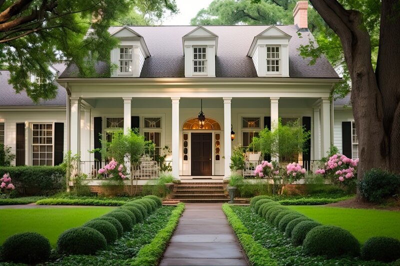 A charming colonial-style house with a front porch, surrounded by lush greenery and blooming pink flowers. A stone pathway leads through a manicured lawn to the entrance, flanked by symmetrical shrubs and trees.