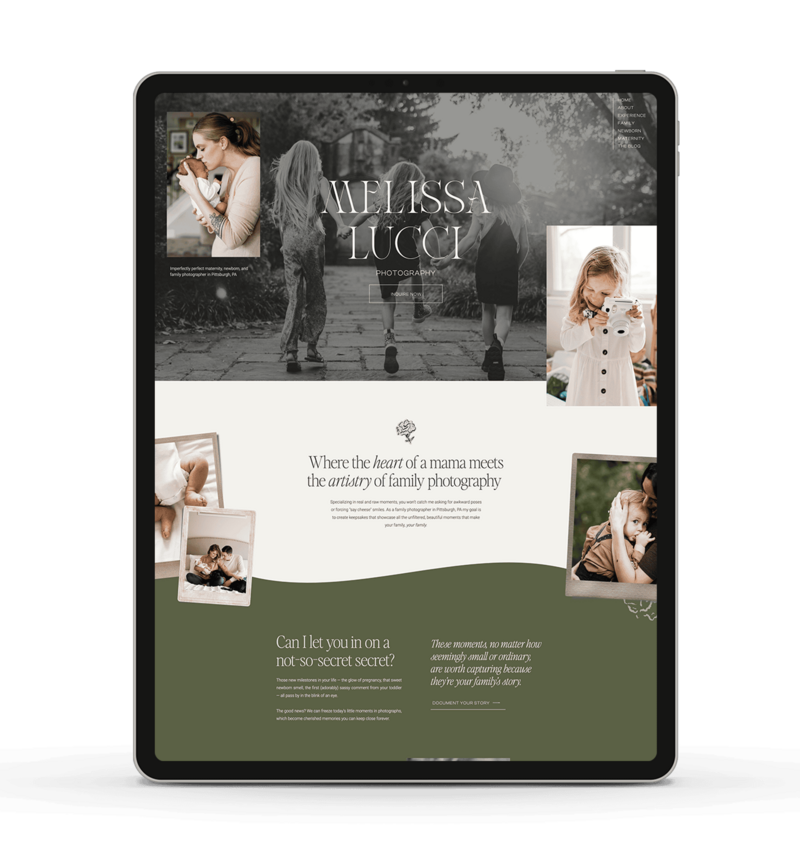 An iPad displays a beautifully crafted Showit website for Melissa Lucci Photography, featuring family photo samples, a tagline about the art of family photography, and a section inviting readers to learn more about her work.