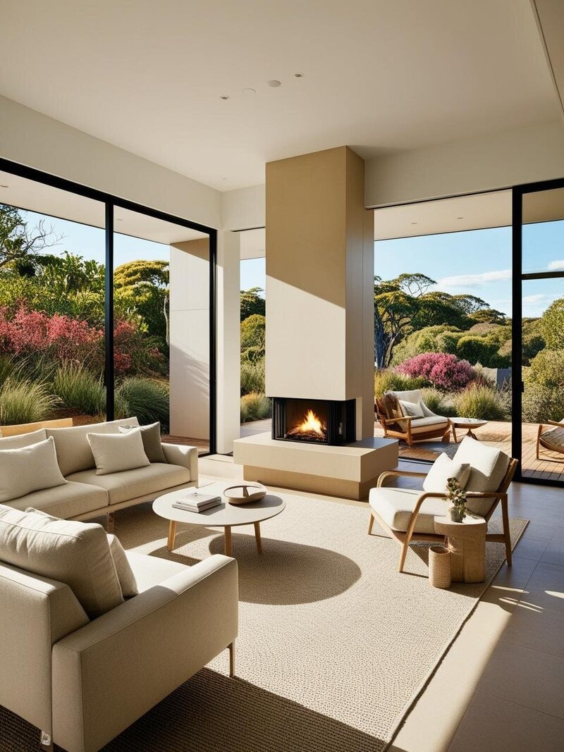 A contemporary Australian living room featuring floor-to-ceiling windows that open onto a back patio surrounded by native grasses, plants, and trees. Inside, linen-upholstered sofas, an occasional chair, and styled coffee and side tables create a serene, sophisticated space, complemented by a modern fireplace.