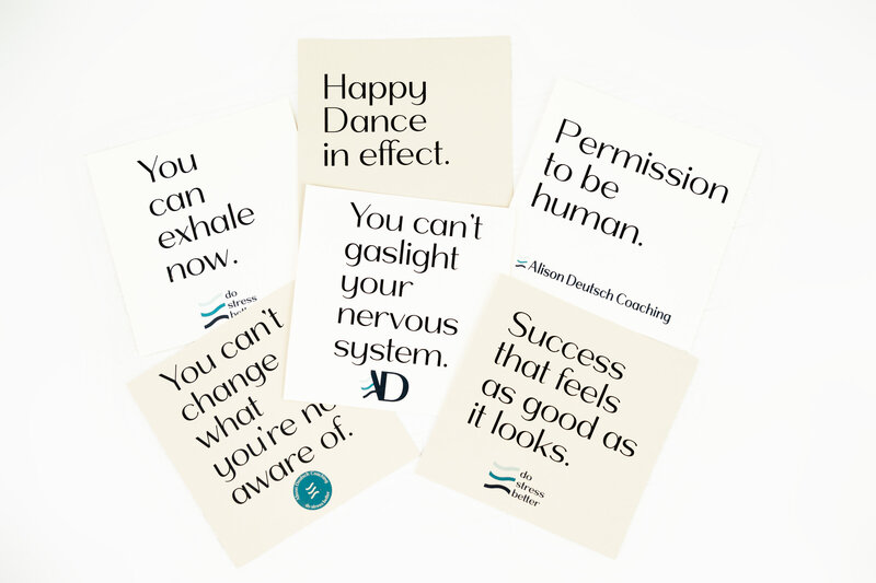 Collection of Do Stress Better affirmation cards promoting nervous system awareness