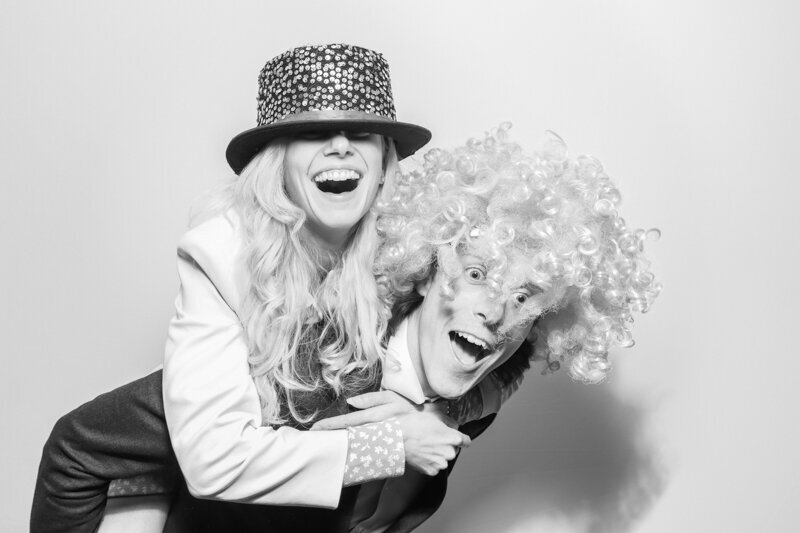 2 guests posing for the Best  B&W Photo Booth prints for weddings , corporate events, birthday parties at Lapstone Barn  wedding venue, Cotswolds