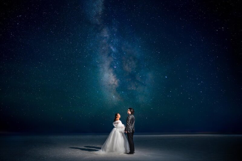Bride and Groom with the Milky Way during Salt Flats wedding