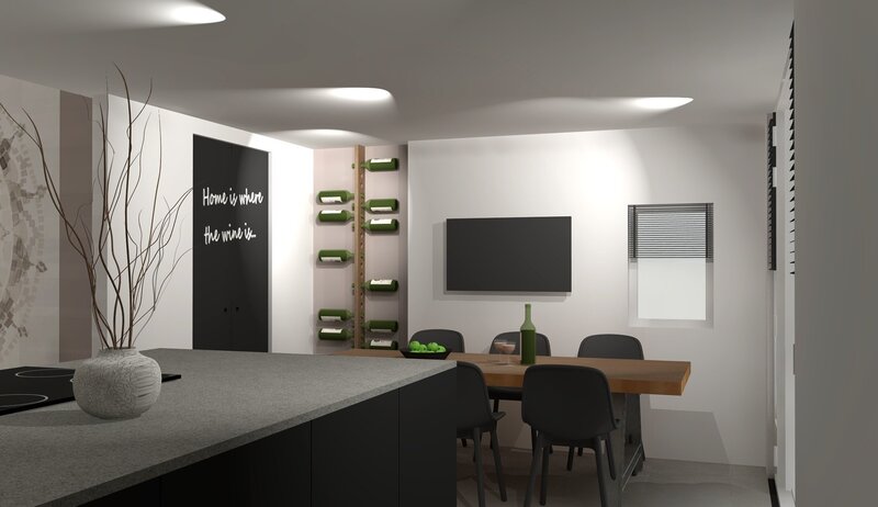 Impressie keukentafel - wijnrek