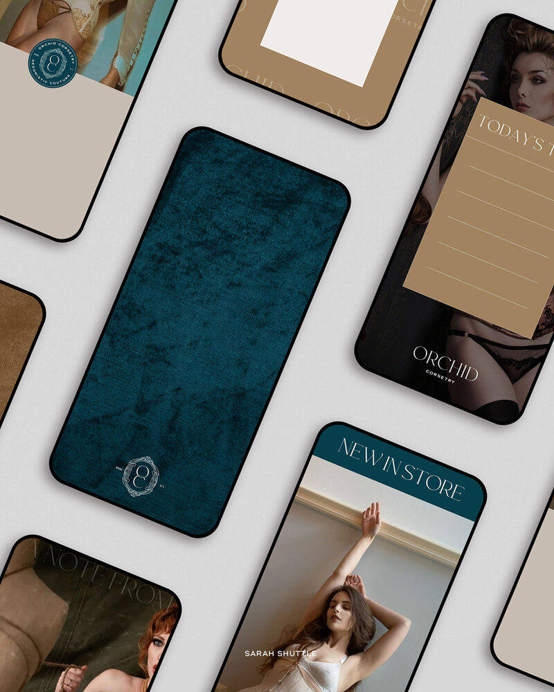 Mobile phone mockups showing Orchid Corsetry social media templates in a teal and gold palette