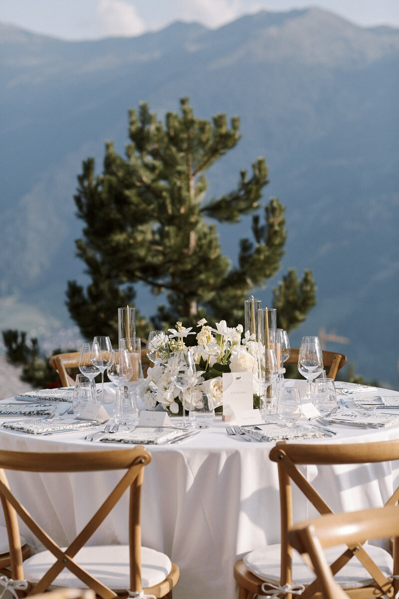 table with mountains in the background
