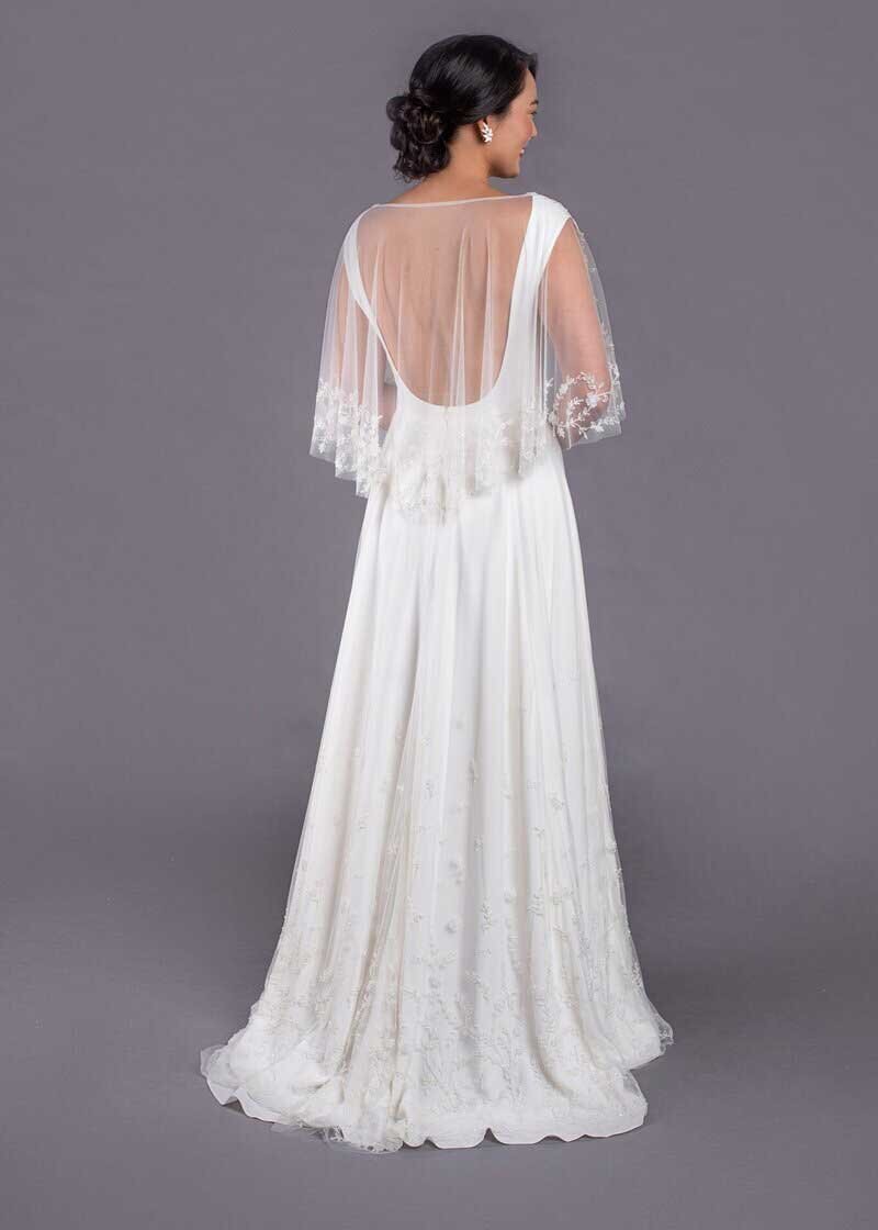 low-back wedding dress with beaded detachable bridal cape