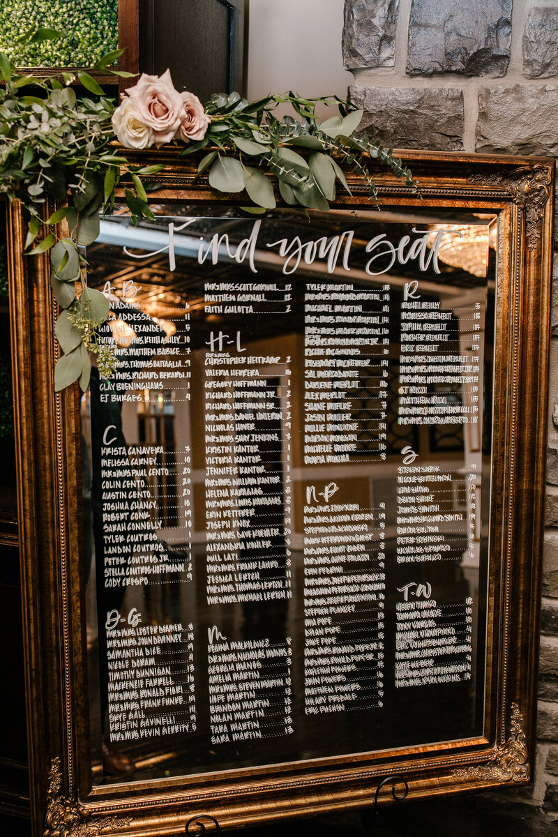 This wedding seating chart mirro completed on an antique mirror.