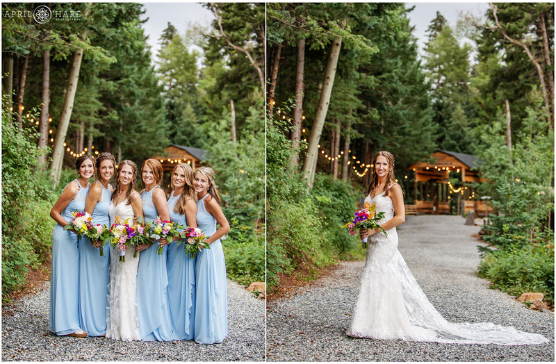 Bride with her bridesmaids pose for photos at Blackstone Rivers Ranch
