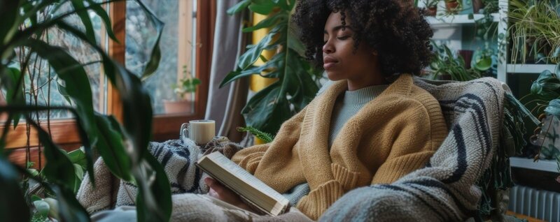 Woman reading in a cozy home, meditating with a hot drink