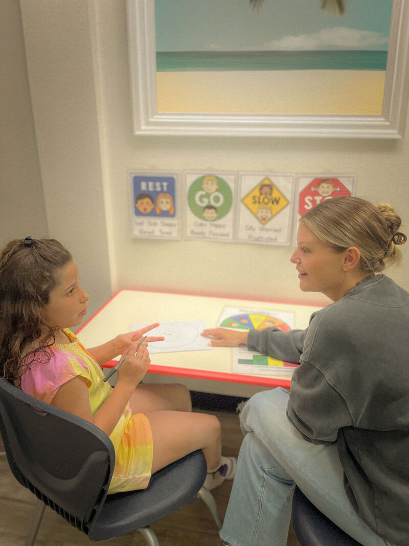 Ali Taylor, pediatric occupational therapist at Pacific Kids, working with a child on emotional regulation and skill-building during an occupational therapy session in Orange County.