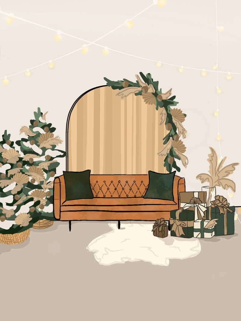 Boho holiday photography studio set with a wood arch wall furnished with a leather couch, Christmas Trees, and presents.