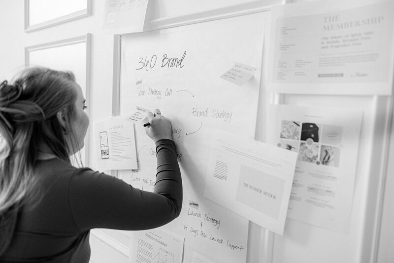 Lizzy Grant writing on white board brainstorming brand and website design and marketing strategy