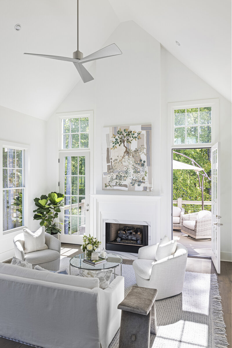 Serenbe White and Grey Living Room with Fireplace