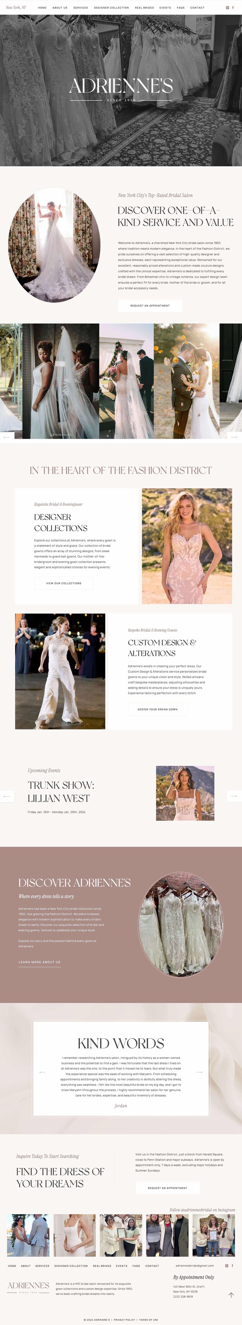 Custom Showit web design for Adrienne's Bridal, a woman-owned bridal shop.