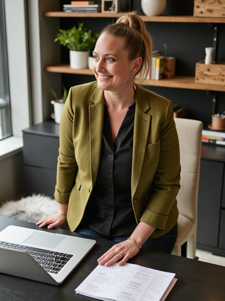 Business mentor in an olive green blazer and black button up shirt.