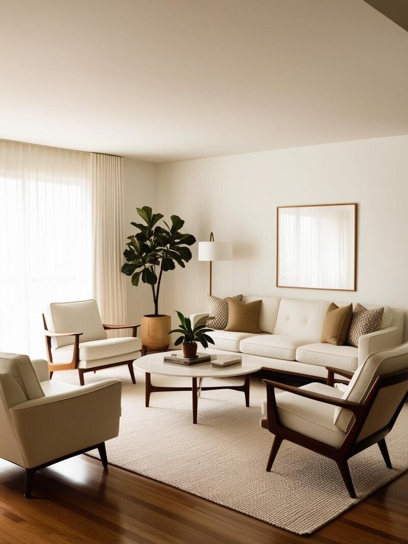 A refined mid-century modern living room with a tufted white sofa, walnut-framed chairs, and a sculptural coffee table. Soft track curtains and curated accents evoke effortless sophistication.
