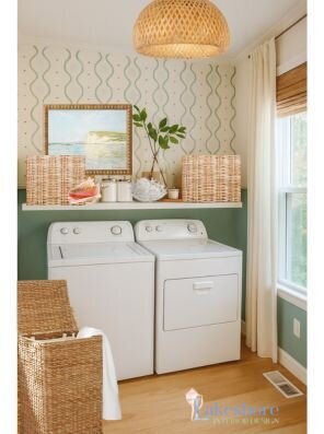 Coastal laundry Room interior design concept board by Nicole Naugle of  Lakeshore Interior Design
