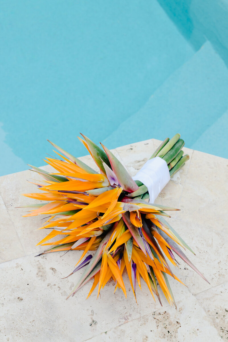 Bouquet made of Birds of Paradise flowers and photographed poolside for chic wedding detail photographs. 