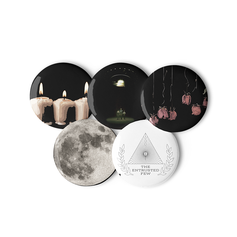 Five Button Pins Pack - Candles, UFO, Dried Roses, Moon, and Logo Designs