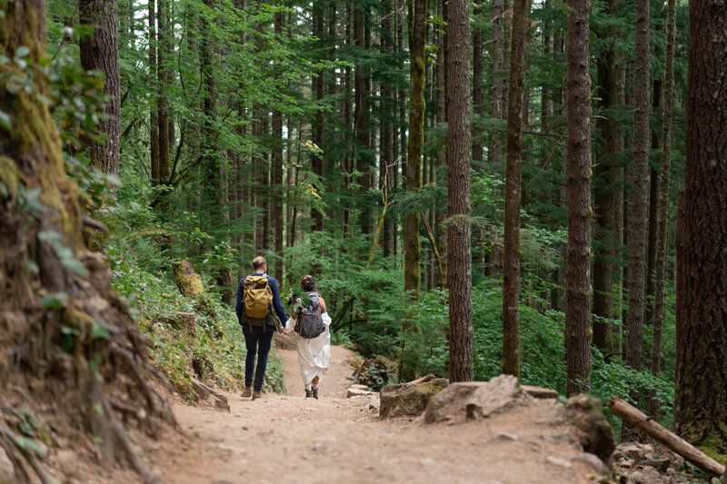 A newlywed couple holding hands and hiking in a forest