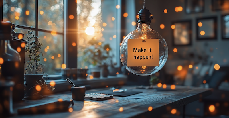 A glass bauble hanging from the ceiling by a window, with a tag that says 'Make It Happen' to reflect the value of starting coaching now.