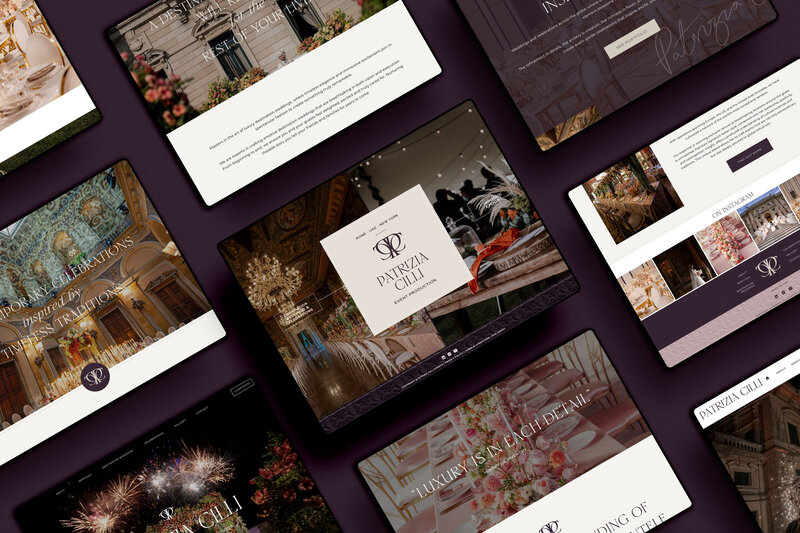 Full-width landscape web mockups for Patrizia Cilli brand design on a rich plum background