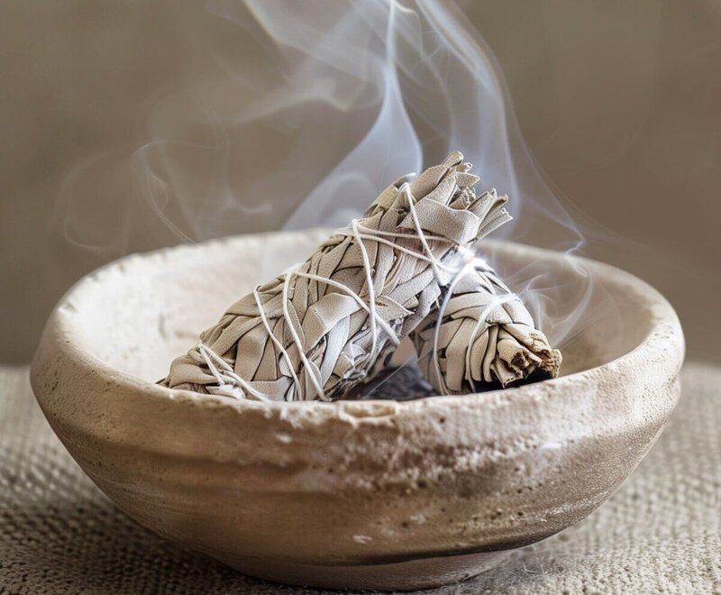 Sacred energy clearing ceremony with sage bundles burning in a stone bowl, emitting smoke for purification and spiritual alignment.