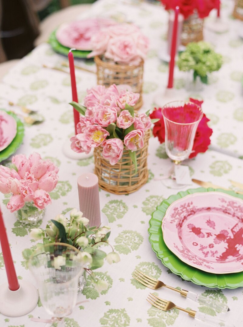 Pink and green wedding tablescape