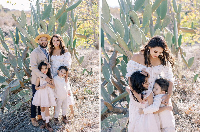 A family poses in front of cactus plants in the golden sunlight during a family session with Daniele Rose Photography