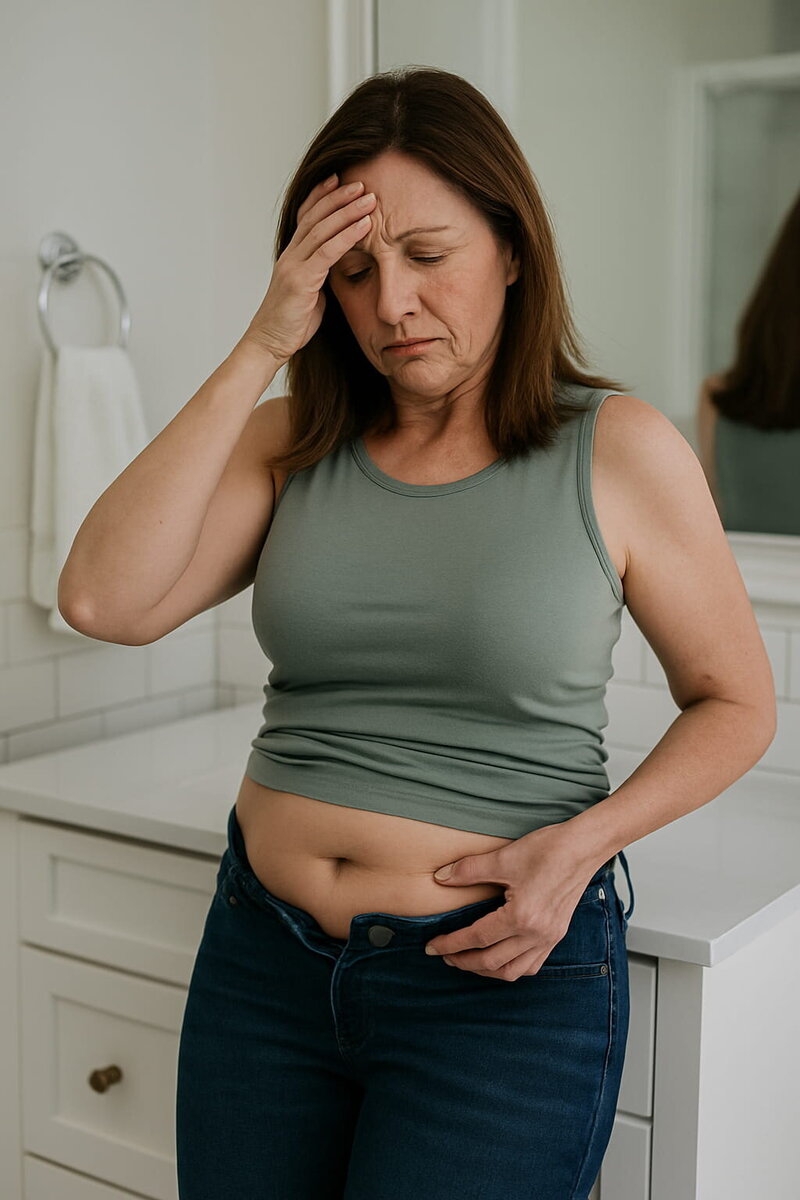 A middle-aged woman standing in front of a mirror, looking tired and discouraged, wearing casual workout clothes, reflecting the frustration of not seeing results despite healthy efforts.