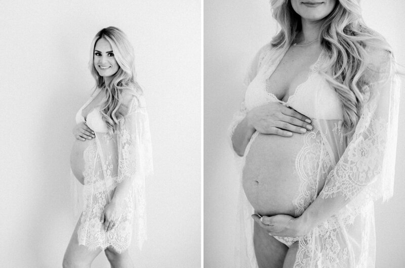 Black & white portraits of a blonde mother-to-be wearing a white lace robe in Daniele Rose Photography's studio