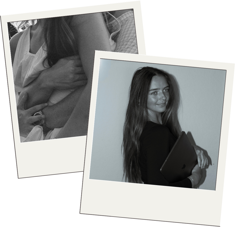 Two black and white polaroid photos of Ava and a couple hugging