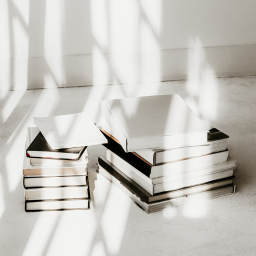Two piles of books.