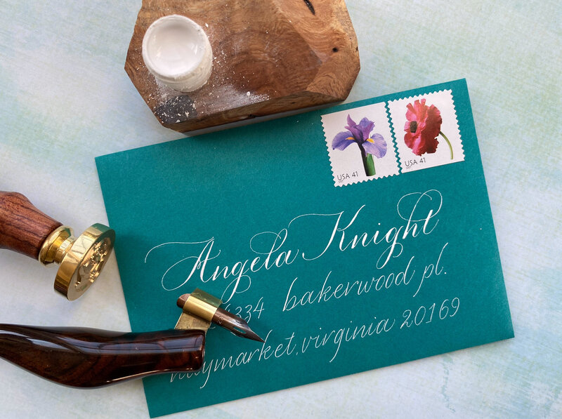 teal envelope with custom calligraphy