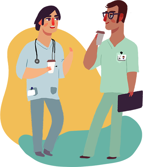 two male nurse illustrations talking to one another and drinking coffee