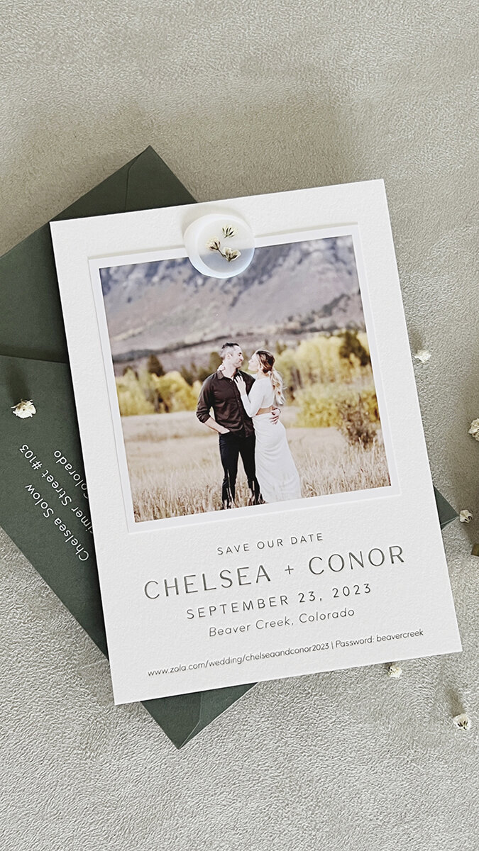 Flower wax seal save the date photo card