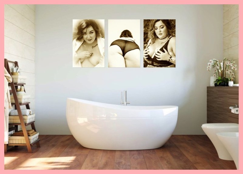 Room) Bathroom | 3@ 20x30 | Kristi Sepia b | These three 20"x30" acrylic images in a Sepia tone sit beautifully over this stand alone bathtub