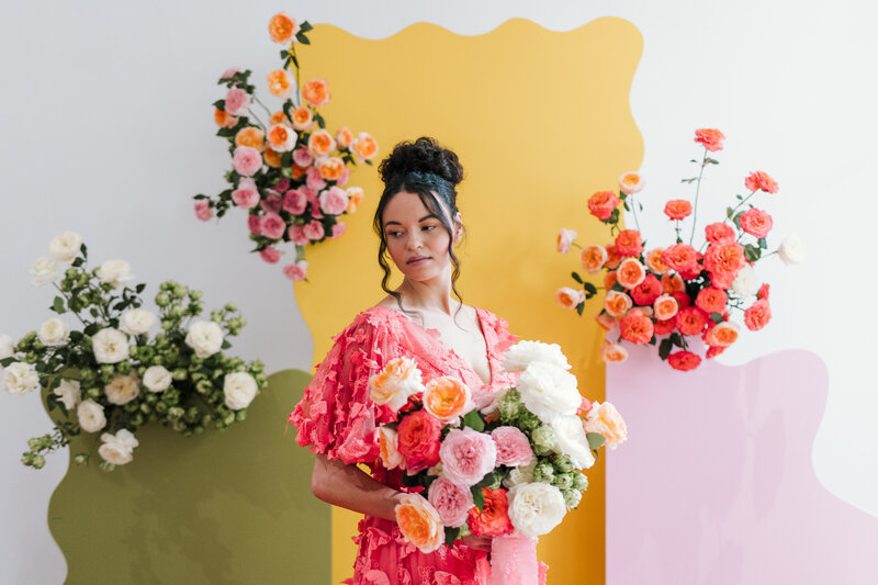Architectural floral backdrop featuring layered textures and unexpected color palettes, designed by The Floral Eclectic for a modern Dallas wedding.