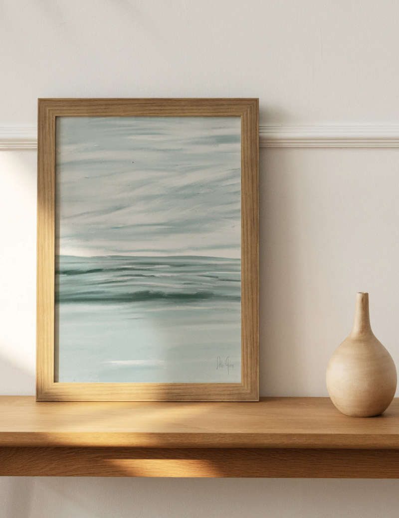 Framed art print of blue green waves on Lake Michigan in St. Joseph Michigan. Stormy winter scene of deep waters. Beach house decor or Bohemian style decor.