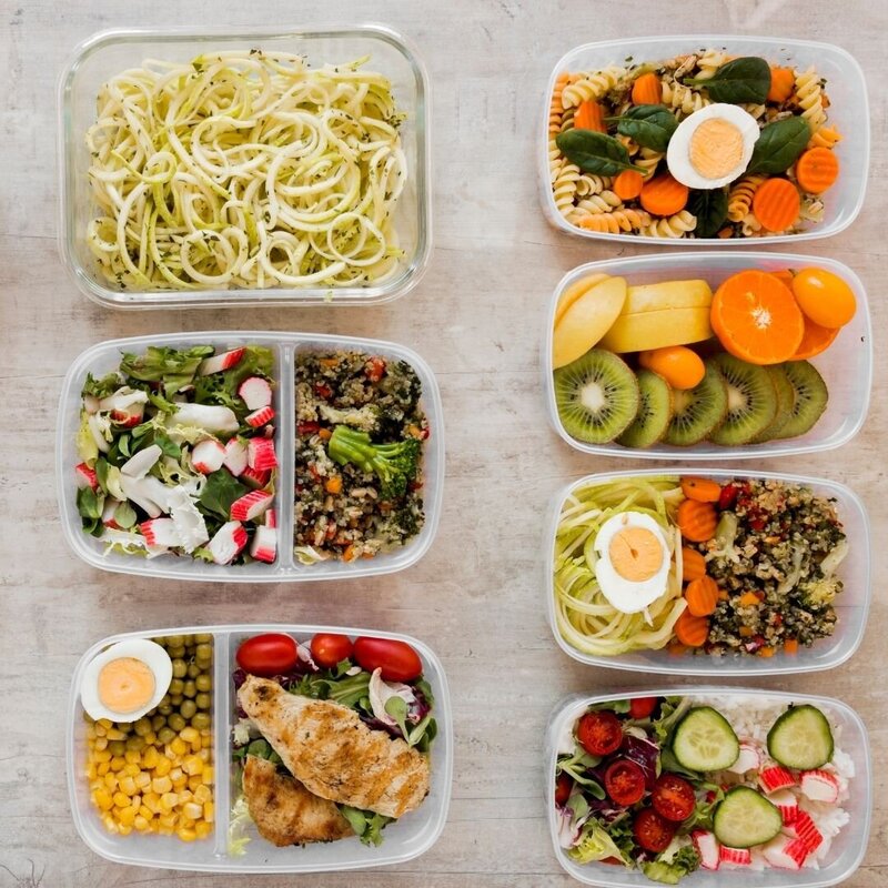 Food meal prepped ahead of time for creating healthy balanced meals in under 30 minutes.