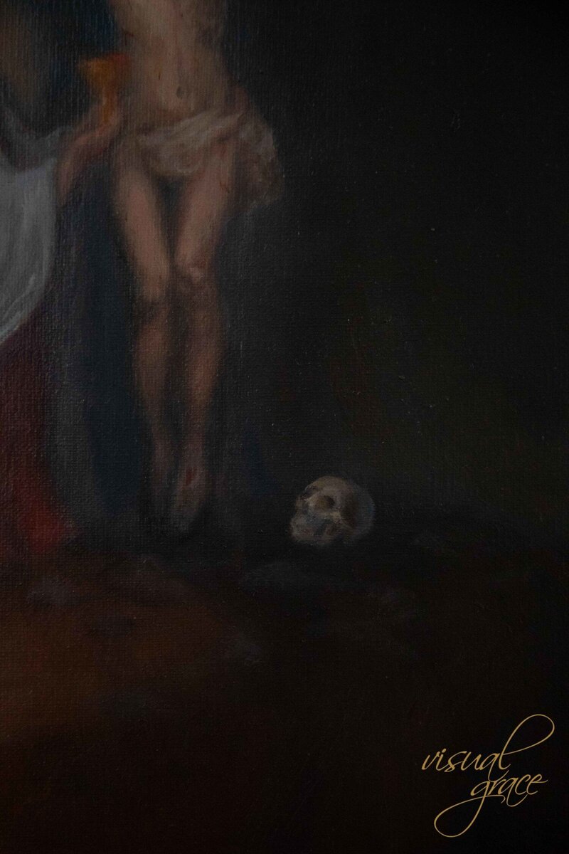 Image of a skull at the foot of Jesus’ cross. “Remember your death” artwork. Memento Mori art for your Catholic home. Lenten home décor.