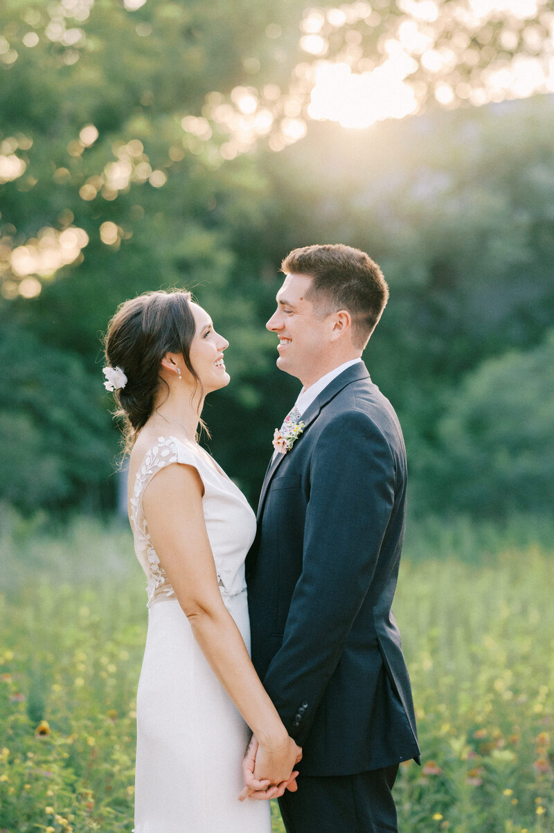 bride and groom sunset portraits at ladybird johnson wildflower center by austin wedding photographer
