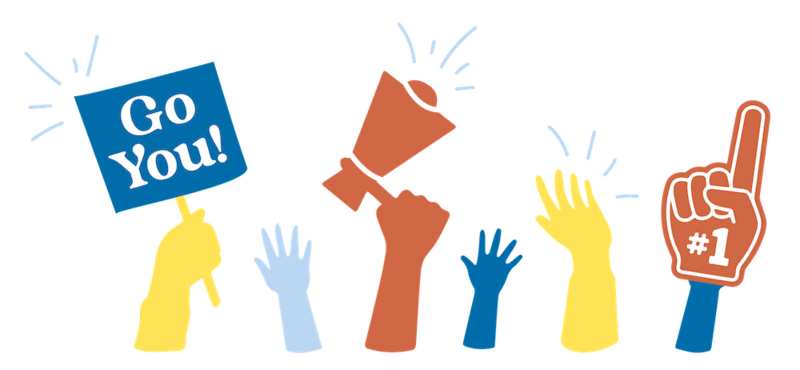 Illustration of cheering hands, foam fingers, and encouraging signs