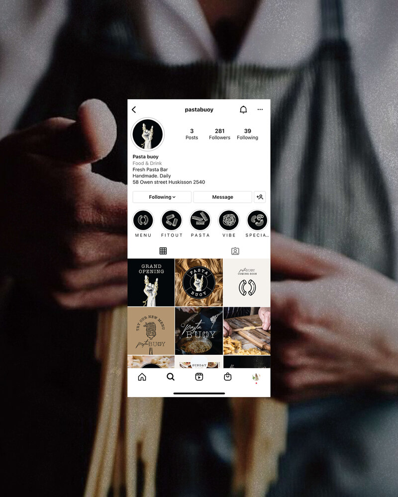 A screenshot of Pasta Buoy's Instagram page, showcasing the brand's cohesive visual identity with images of handmade pasta, playful logo designs, and a rustic, artisan aesthetic.