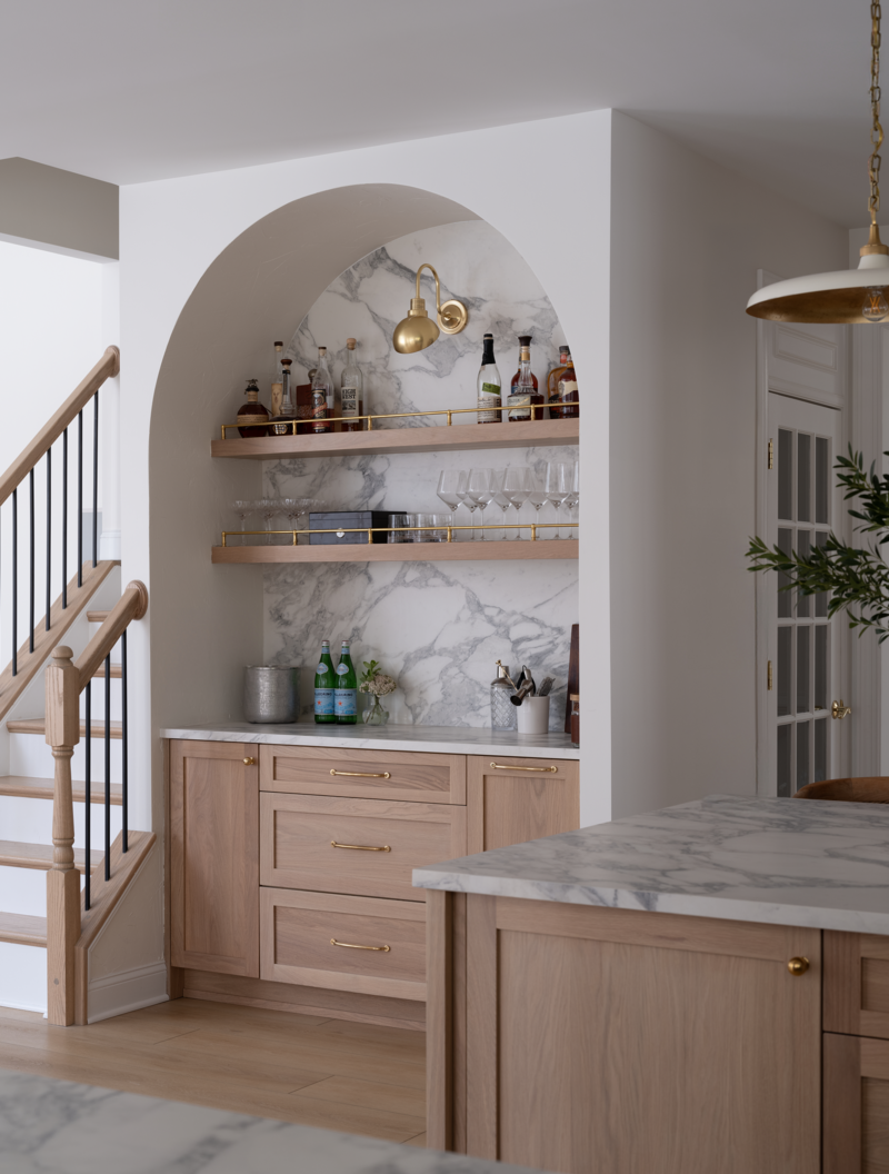 Project image of kitchen built-in bar detailing with wooden cabinets, by Alexa at Home