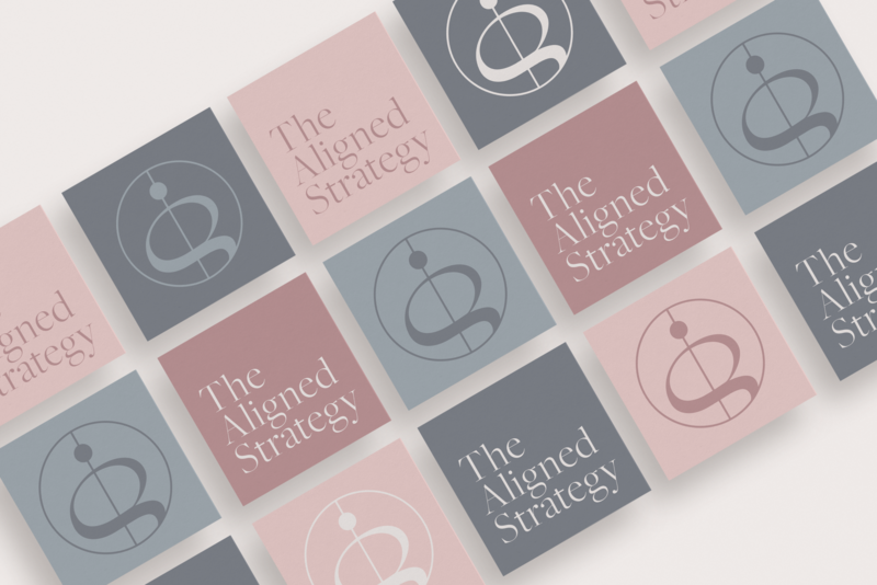 Muted pink and blue squares with The Aligned Strategy logo mockup