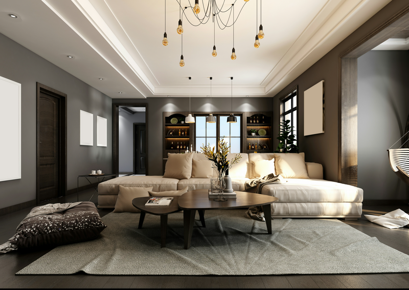 large comfortable living room with pendant lighting