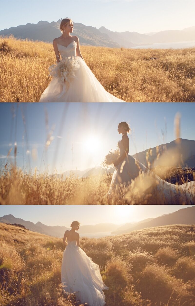 A golden light outdoor photoshoot of a woman wearing a couture dress.