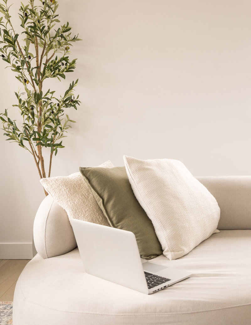 Macbook sitting on couch next to a plant